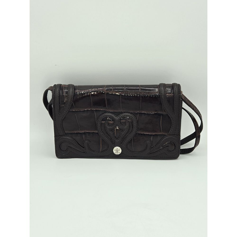 Brighton Siren Croc Embossed‎ Leather Crossbody Wallet Bag Brown Scrollwork